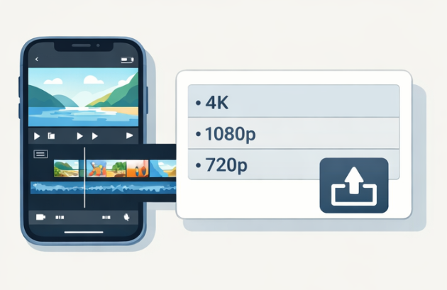 iMovie on iPhone showing video timeline and export settings to change video resolution and quality
