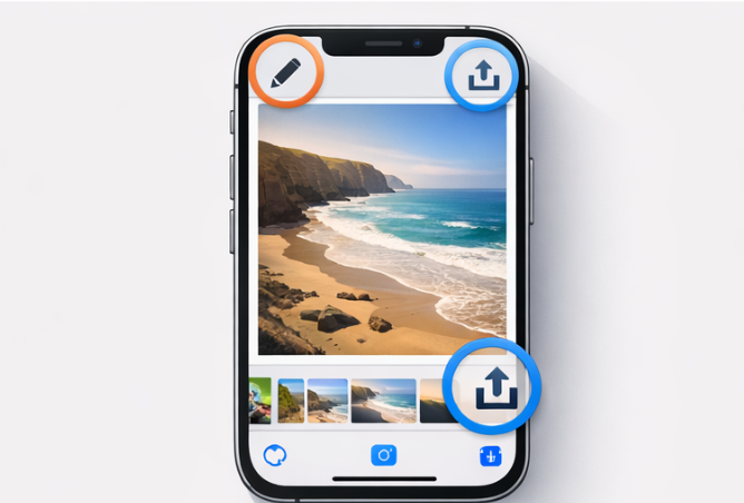 iPhone Photos app with Edit and Share options highlighted to reduce video size after recording