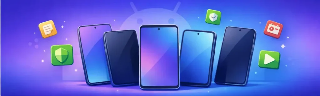 Illustration of a smartphone protected by a shield with a padlock symbol, symbolizing secure and private Android apps