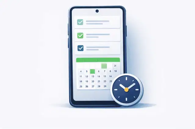 Minimal illustration of a smartphone screen showing a checklist and calendar icons representing productivity apps