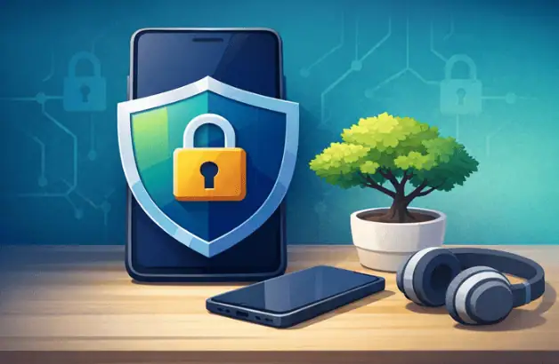 Calming illustration of a phone on a desk next to a small potted tree and headphones, representing focus and relaxation