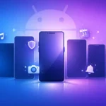 Abstract illustration of multiple Android smartphones with floating app icons on a blue and purple gradient background