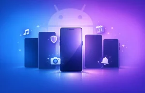 Abstract illustration of multiple Android smartphones with floating app icons on a blue and purple gradient background