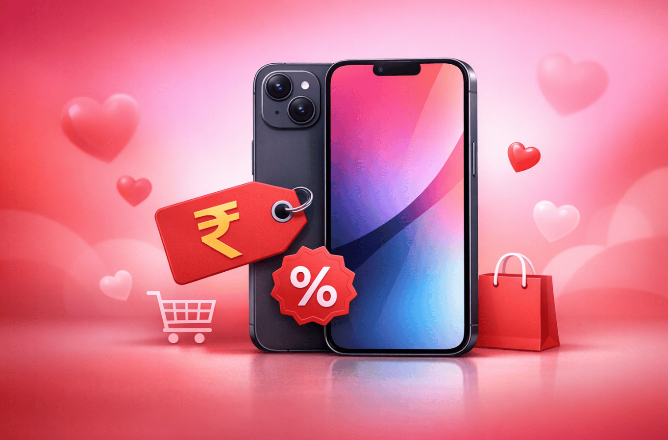 Illustration of a modern smartphone with a discount tag and hearts on a red and pink gradient background, representing an iPhone 17 croma sale