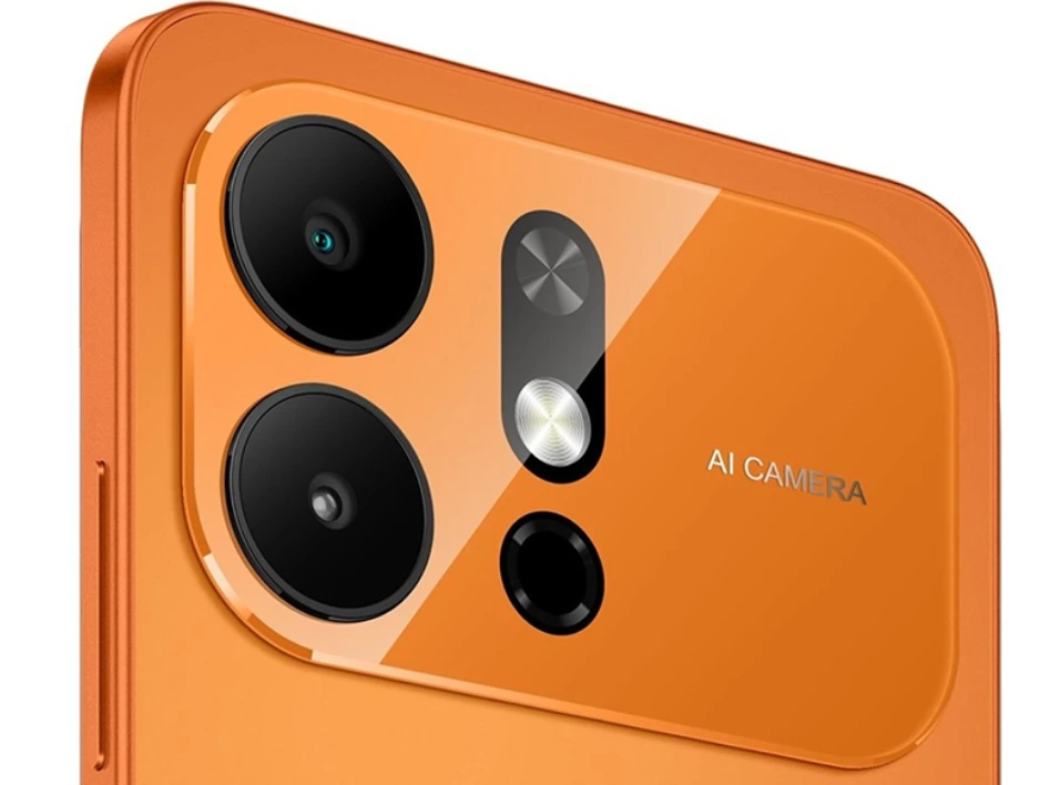 Rear camera module of the Comet Orange itel A100 Pro with two large lenses and AI CAMERA text